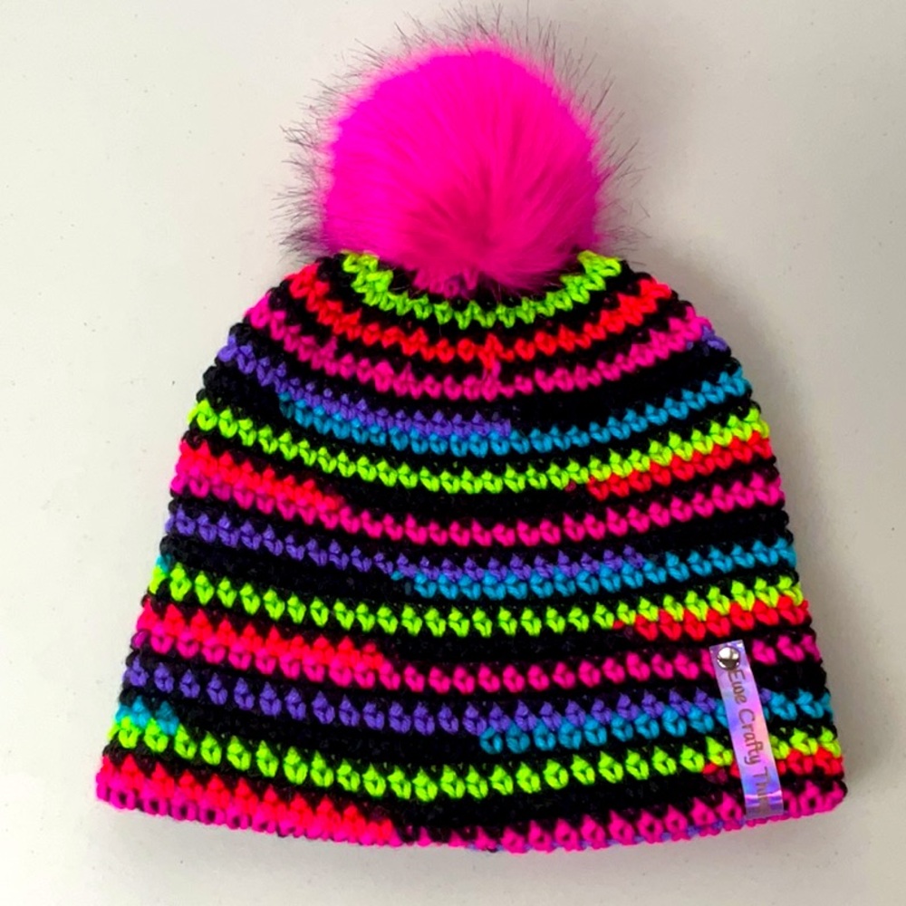 NWT Double Brim Ski Hat, Halloween Hat, Hand Crocheted, Neon Hat w/ Pom, Teen Sz